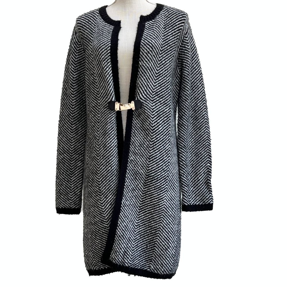 Madison Michelle Herringbone Open Front Midi Black and White Cardigan